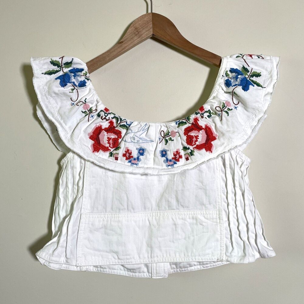 Anthropologie Pilcro Women's Embellished Ruffle Collar Top Size XS 100% Cotton - Picture 3 of 7